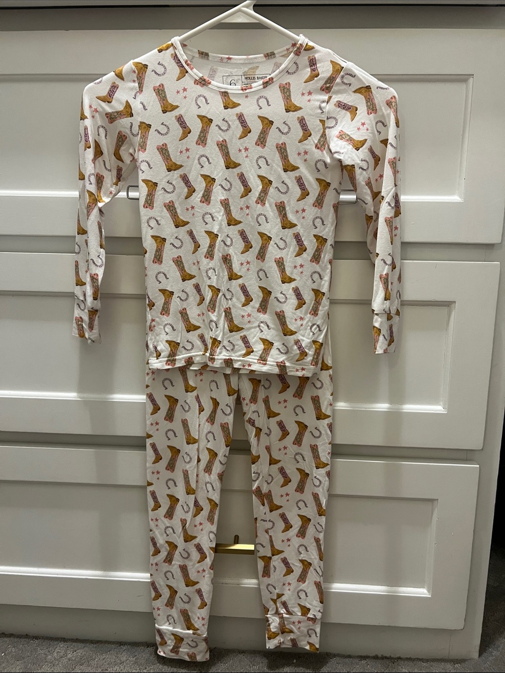 Kids White Hollis Baker. Soft Cowgirl Boot Print Pajama Set. Size 6